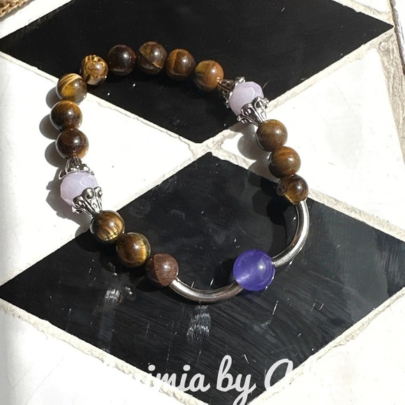 Tiger's eye purple jade beaded bracelet /handmade - Picture 1 of 5